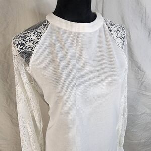 New! MIHOLL Size Small Knit Top Pullover Lace Sleeve Thermal‎ Weave Back Zip